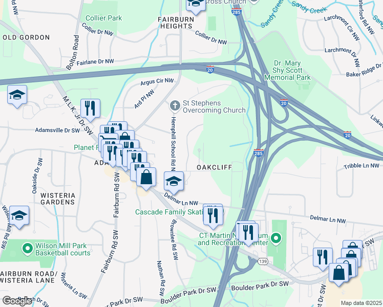 map of restaurants, bars, coffee shops, grocery stores, and more near 163 Oakcliff Court Northwest in Atlanta