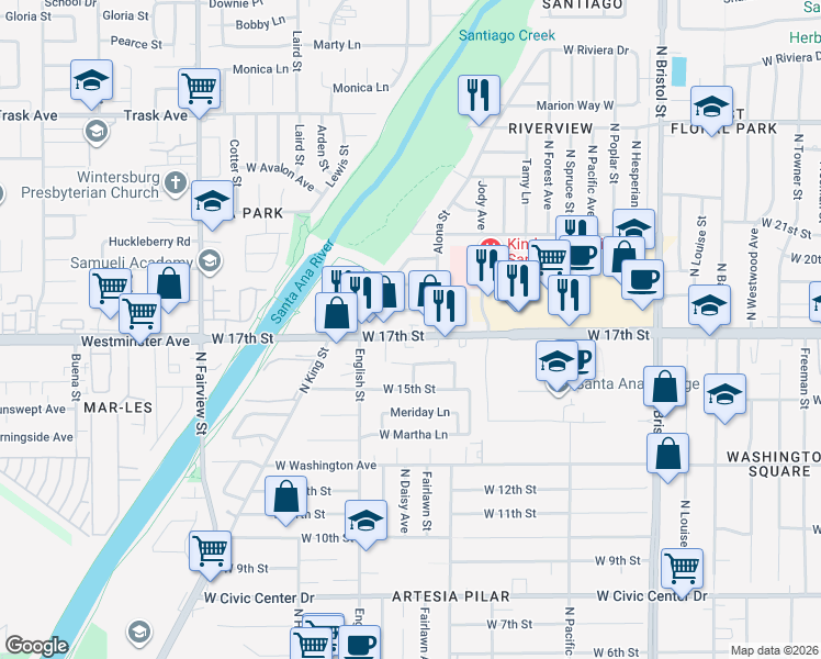 map of restaurants, bars, coffee shops, grocery stores, and more near 1823 West 17th Street in Santa Ana