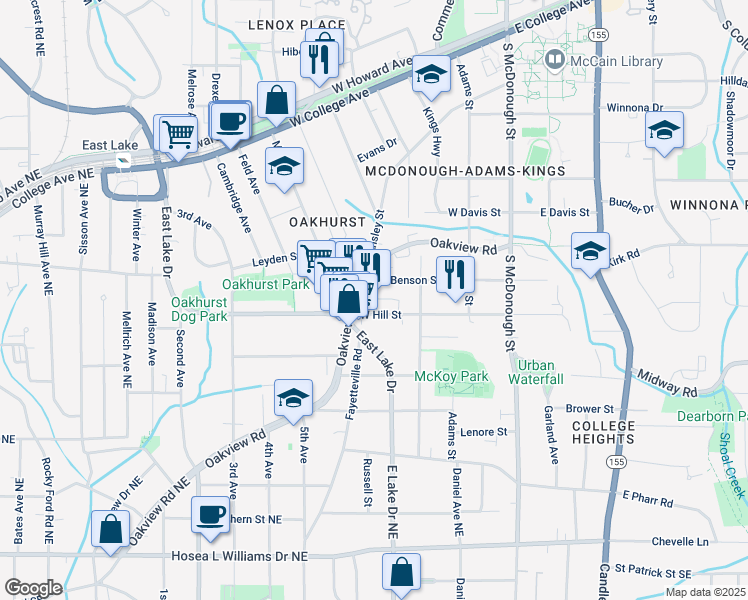map of restaurants, bars, coffee shops, grocery stores, and more near 320 West Benson Street in Decatur