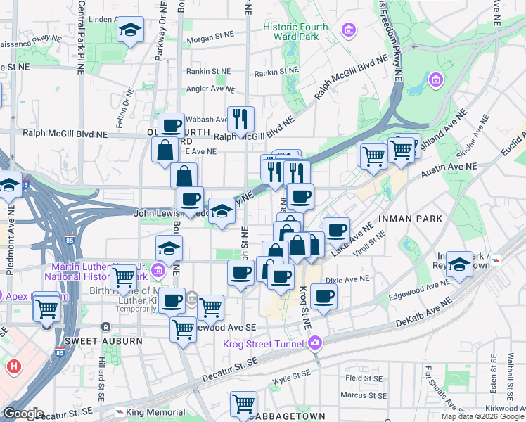 map of restaurants, bars, coffee shops, grocery stores, and more near 217 Lampkin Street Northeast in Atlanta
