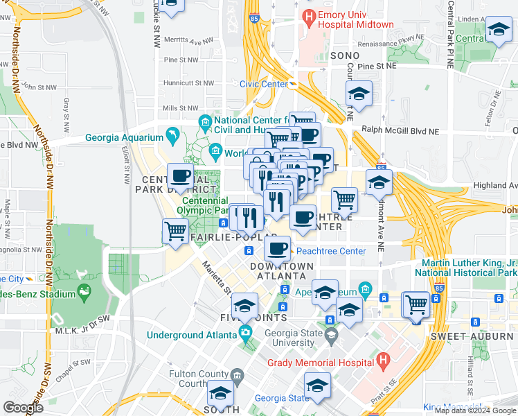 map of restaurants, bars, coffee shops, grocery stores, and more near 240 Spring Street Northwest in Atlanta