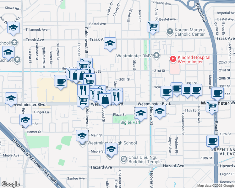 map of restaurants, bars, coffee shops, grocery stores, and more near 13912 Cherry Street in Westminster