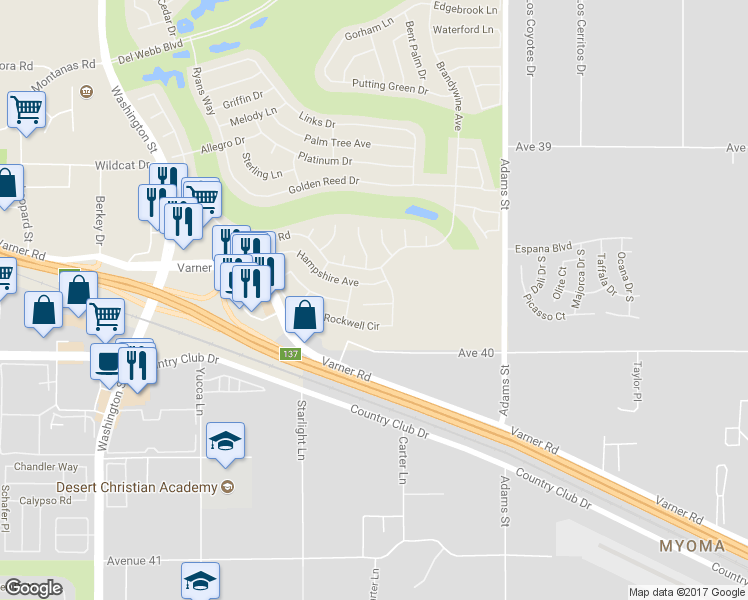map of restaurants, bars, coffee shops, grocery stores, and more near 78680 Postbridge Circle in Palm Desert
