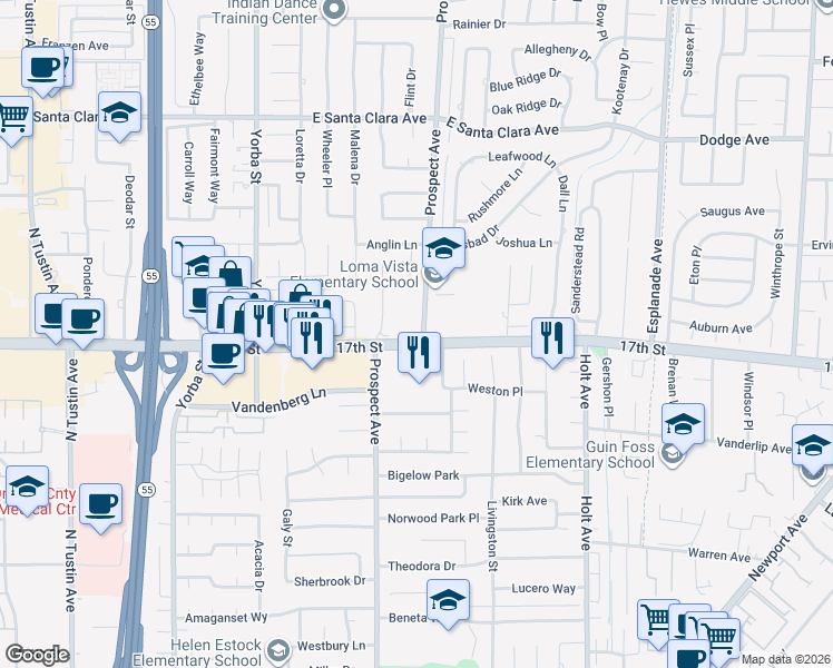 map of restaurants, bars, coffee shops, grocery stores, and more near 17851 17th Street in Tustin