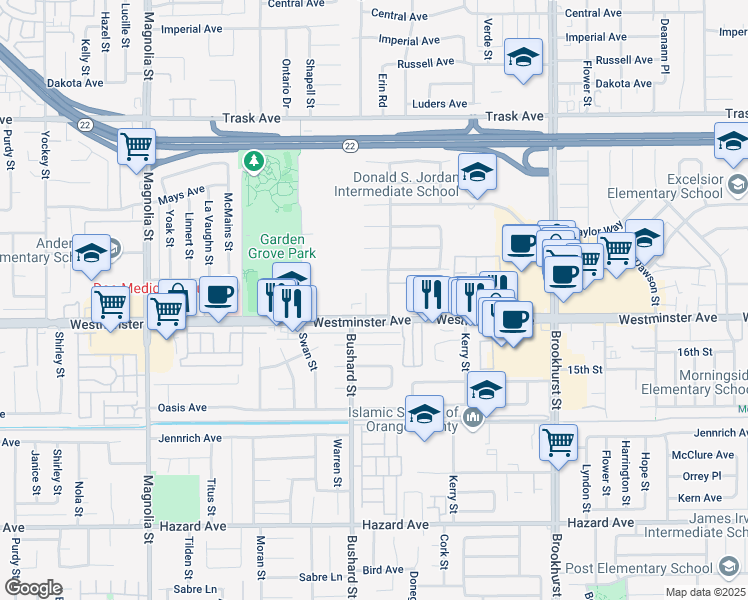 map of restaurants, bars, coffee shops, grocery stores, and more near 13917 Erin Street in Garden Grove