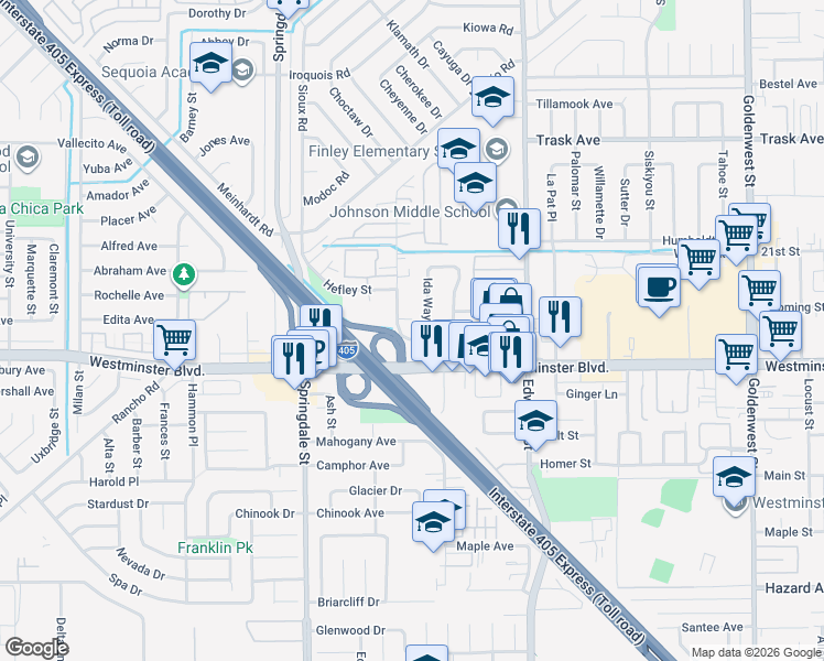 map of restaurants, bars, coffee shops, grocery stores, and more near 13896 Milton Avenue in Westminster