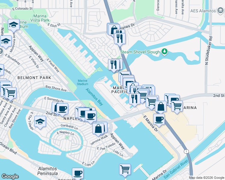 map of restaurants, bars, coffee shops, grocery stores, and more near 6201 Marina Pacifica Drive North in Long Beach