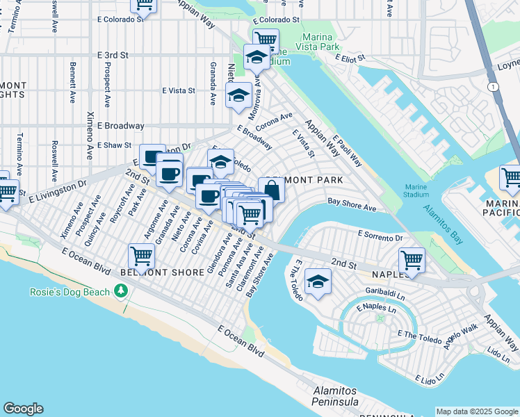 map of restaurants, bars, coffee shops, grocery stores, and more near 234 Pomona Avenue in Long Beach
