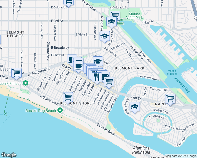 map of restaurants, bars, coffee shops, grocery stores, and more near 204 Corona Avenue in Long Beach