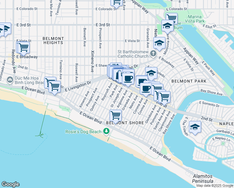 map of restaurants, bars, coffee shops, grocery stores, and more near 166 Park Avenue in Long Beach