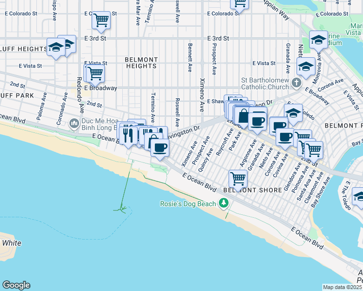 map of restaurants, bars, coffee shops, grocery stores, and more near 113A Bennett Avenue in Long Beach