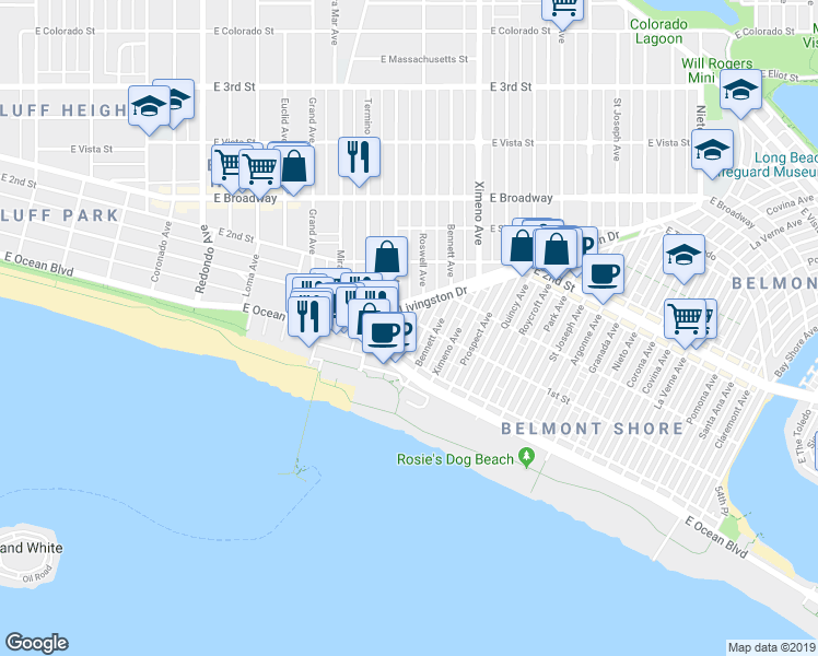 map of restaurants, bars, coffee shops, grocery stores, and more near 130 East 1st Street in Long Beach