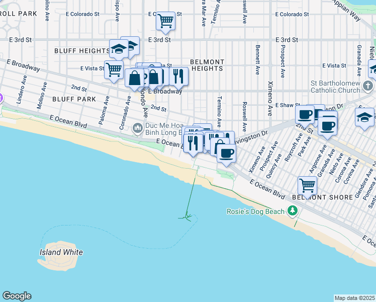 map of restaurants, bars, coffee shops, grocery stores, and more near in Long Beach