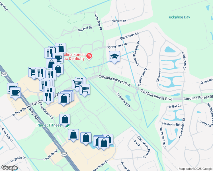 map of restaurants, bars, coffee shops, grocery stores, and more near 603 Kent Lane in Myrtle Beach