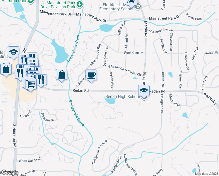 map of restaurants, bars, coffee shops, grocery stores, and more near 1145 Redan Way in Stone Mountain