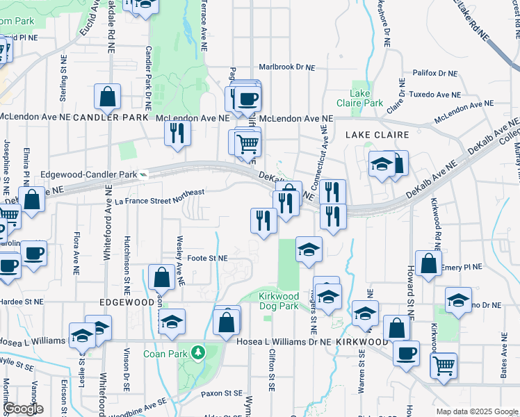 map of restaurants, bars, coffee shops, grocery stores, and more near 1661 La France Street Northeast in Atlanta