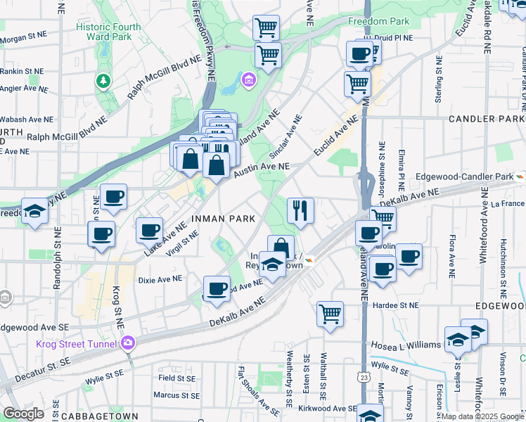 map of restaurants, bars, coffee shops, grocery stores, and more near 207 Hurt Street Northeast in Atlanta