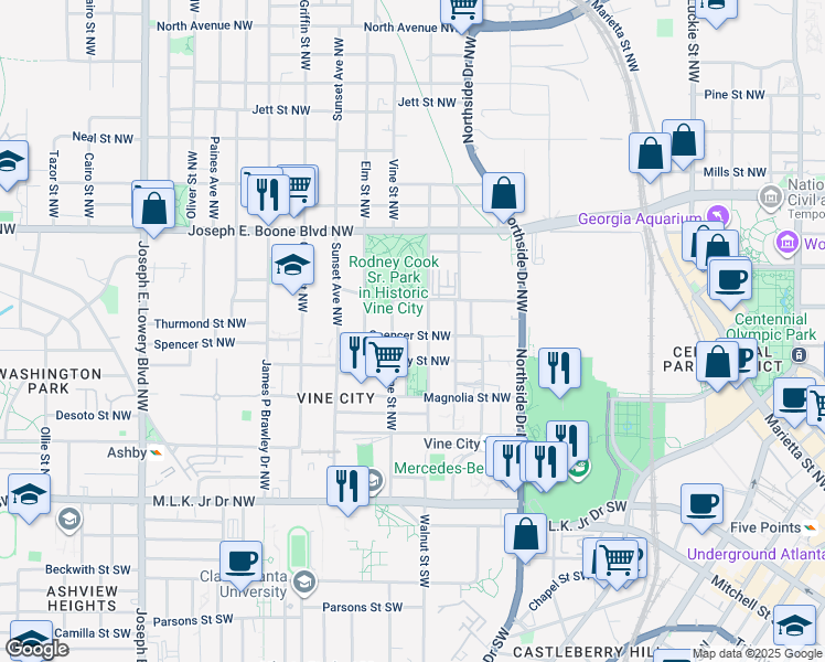 map of restaurants, bars, coffee shops, grocery stores, and more near 214 Walnut Street Northwest in Atlanta