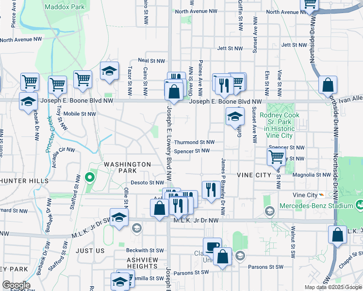 map of restaurants, bars, coffee shops, grocery stores, and more near 884 Thurmond Street Northwest in Atlanta