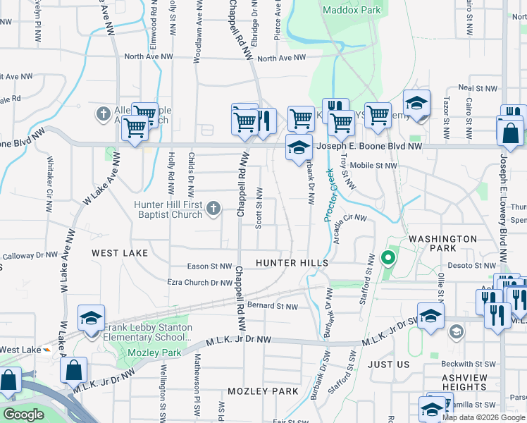map of restaurants, bars, coffee shops, grocery stores, and more near 195 Scott Street Northwest in Atlanta