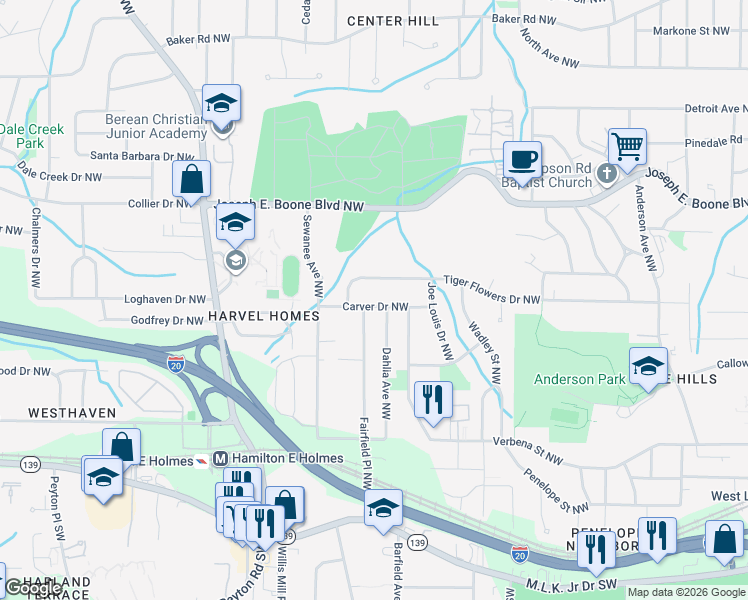 map of restaurants, bars, coffee shops, grocery stores, and more near 2289 Carver Drive Northwest in Atlanta