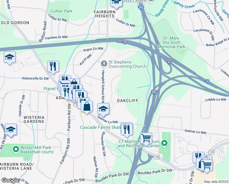 map of restaurants, bars, coffee shops, grocery stores, and more near 163 Oakcliff Court Northwest in Atlanta