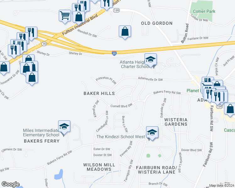 map of restaurants, bars, coffee shops, grocery stores, and more near 4003 Rutgers Drive Southwest in Atlanta