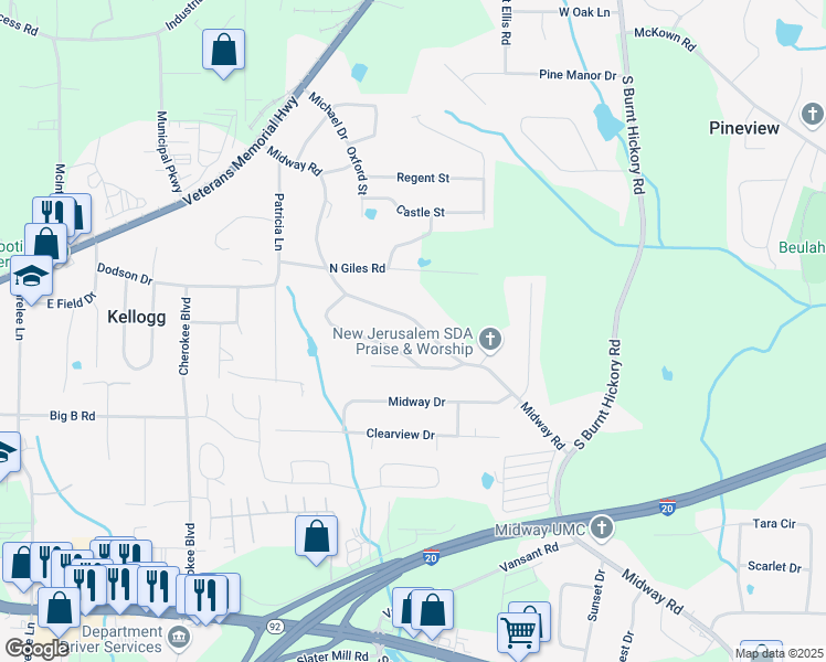 map of restaurants, bars, coffee shops, grocery stores, and more near 4257 Midway Road in Douglasville