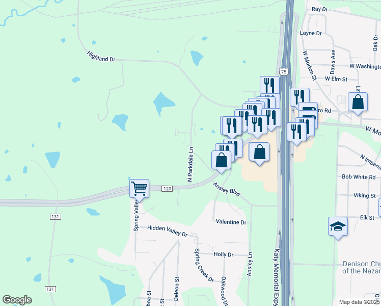 map of restaurants, bars, coffee shops, grocery stores, and more near 4109 North Parkdale Lane in Denison