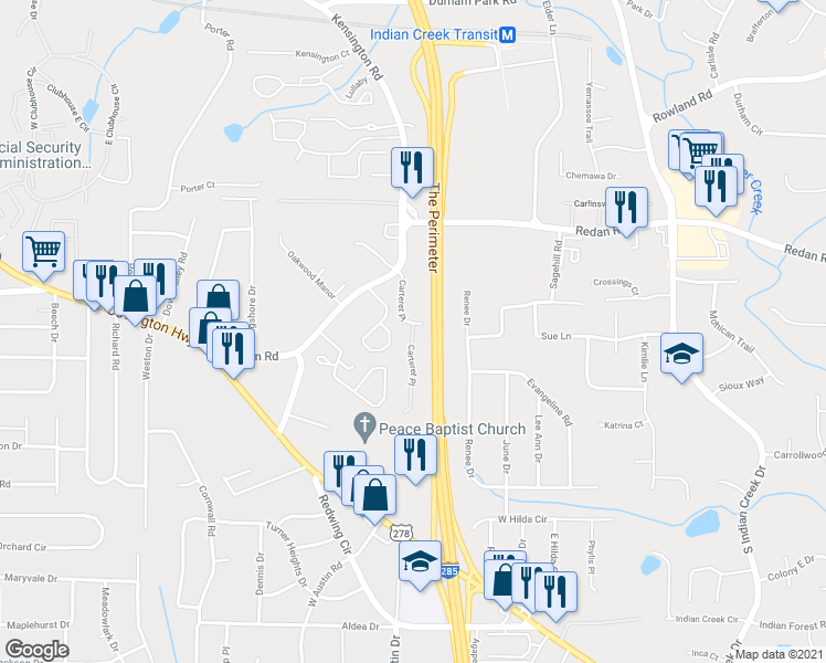 map of restaurants, bars, coffee shops, grocery stores, and more near Carteret Place in Decatur