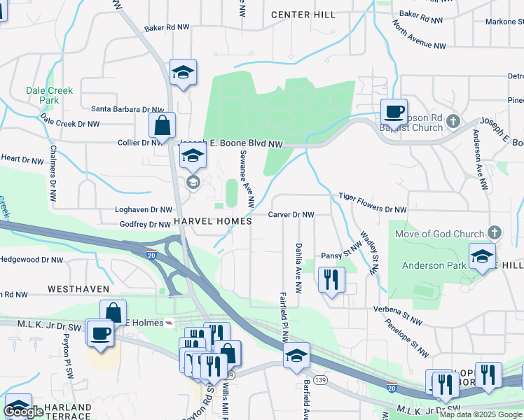 map of restaurants, bars, coffee shops, grocery stores, and more near 2351 Carver Drive Northwest in Atlanta