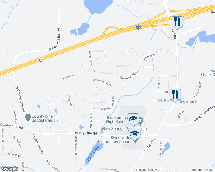 map of restaurants, bars, coffee shops, grocery stores, and more near 2637 Cimmaron Trail in Lithia Springs