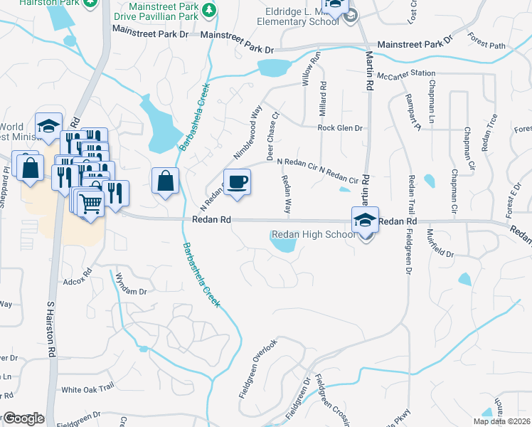 map of restaurants, bars, coffee shops, grocery stores, and more near 5100 Redan Road in Stone Mountain
