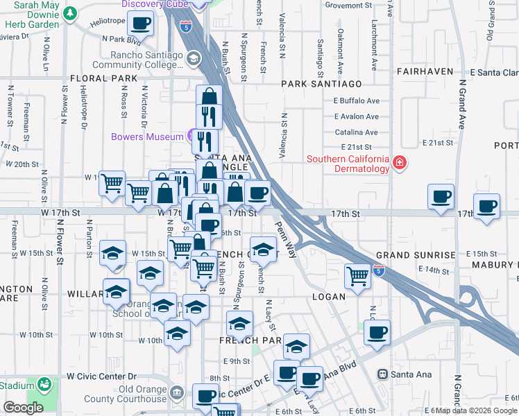 map of restaurants, bars, coffee shops, grocery stores, and more near 317 East 17th Street in Santa Ana