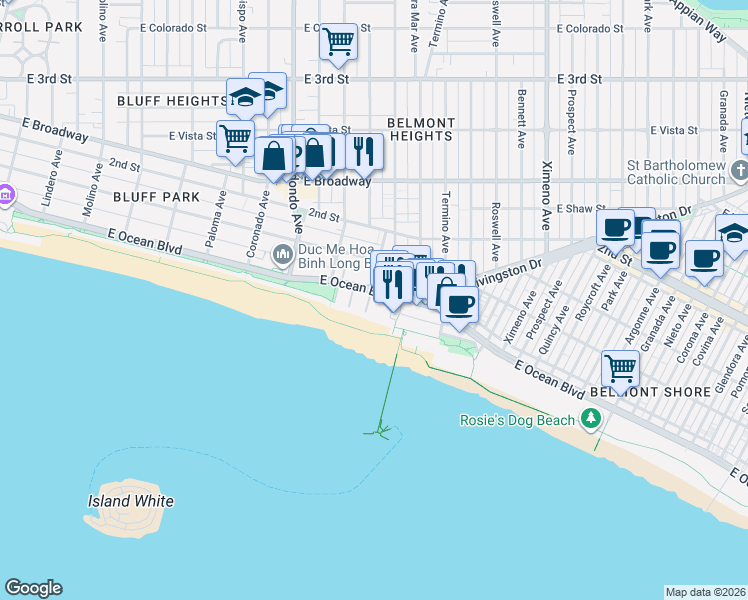map of restaurants, bars, coffee shops, grocery stores, and more near in Long Beach