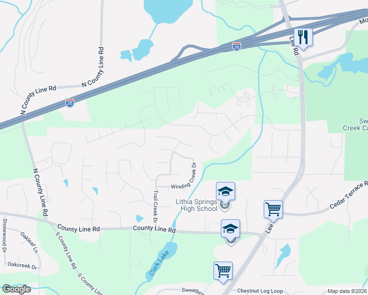 map of restaurants, bars, coffee shops, grocery stores, and more near 2634 Cimmaron Trail in Lithia Springs