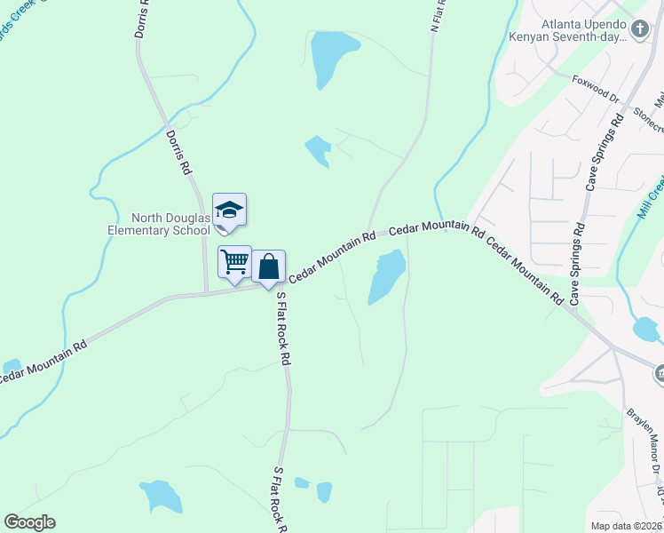 map of restaurants, bars, coffee shops, grocery stores, and more near 6173 Cedar Mountain Road in Douglasville