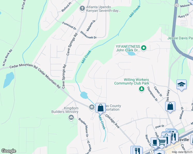 map of restaurants, bars, coffee shops, grocery stores, and more near 7090 Creeksong Drive in Douglasville