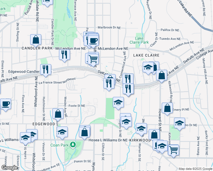 map of restaurants, bars, coffee shops, grocery stores, and more near Arizona Ave NE & Rogers St NE in Atlanta