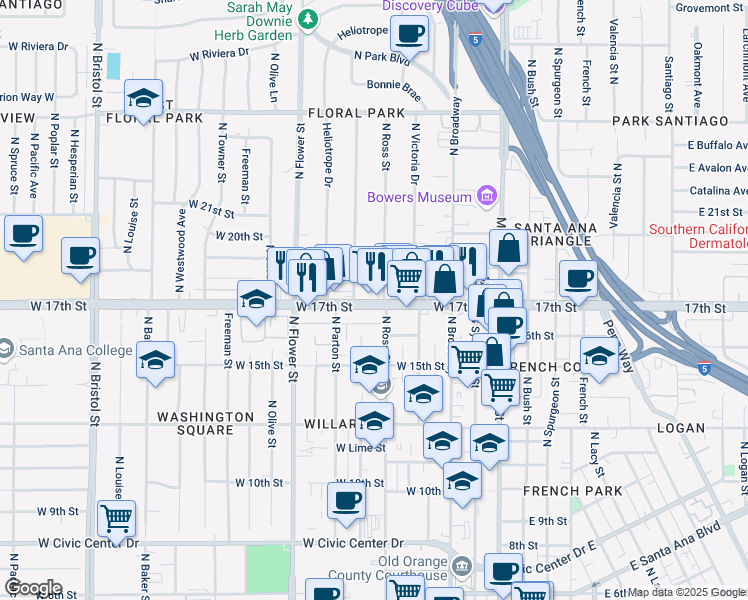 map of restaurants, bars, coffee shops, grocery stores, and more near 511 West 17th Street in Santa Ana