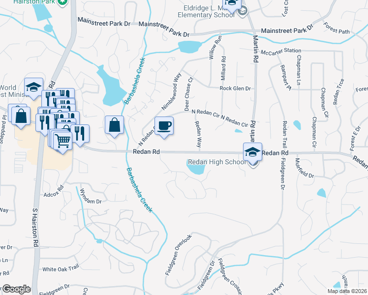 map of restaurants, bars, coffee shops, grocery stores, and more near 5100 Redan Road in Stone Mountain