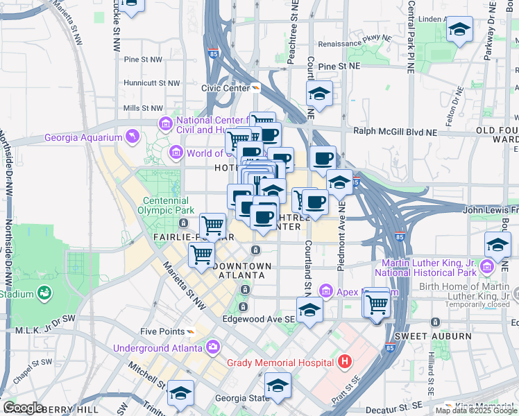 map of restaurants, bars, coffee shops, grocery stores, and more near 225 Peachtree Street Northeast in Atlanta