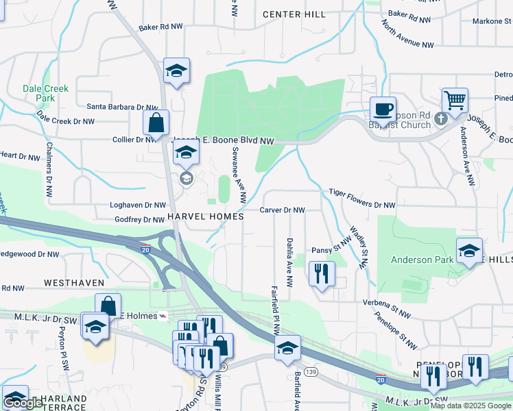 map of restaurants, bars, coffee shops, grocery stores, and more near 2343 Carver Drive Northwest in Atlanta