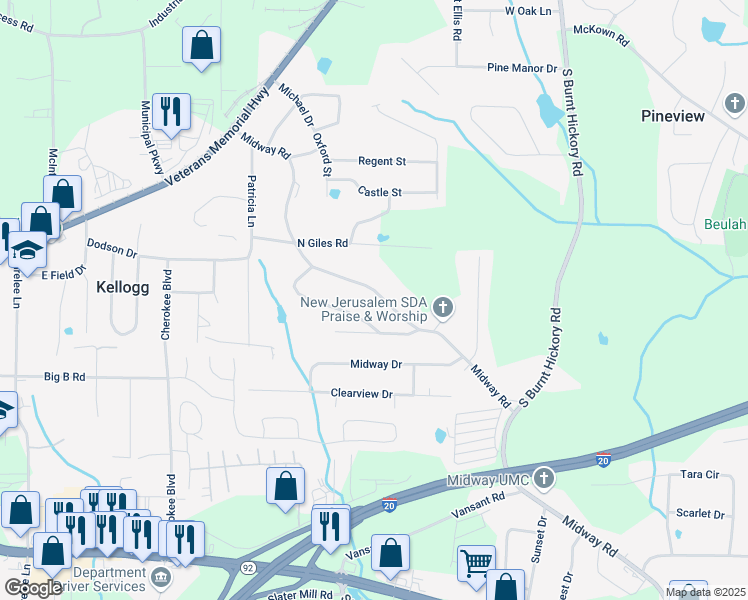 map of restaurants, bars, coffee shops, grocery stores, and more near 4257 Midway Road in Douglasville