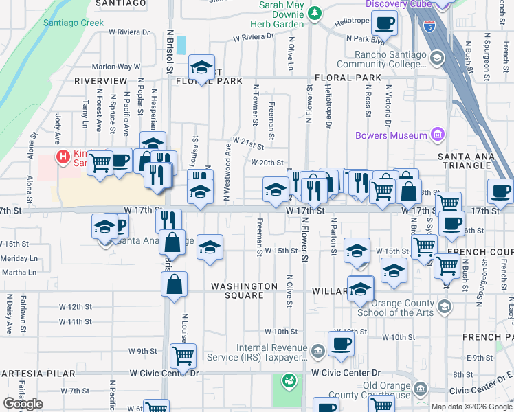 map of restaurants, bars, coffee shops, grocery stores, and more near 1071 West 17th Street in Santa Ana