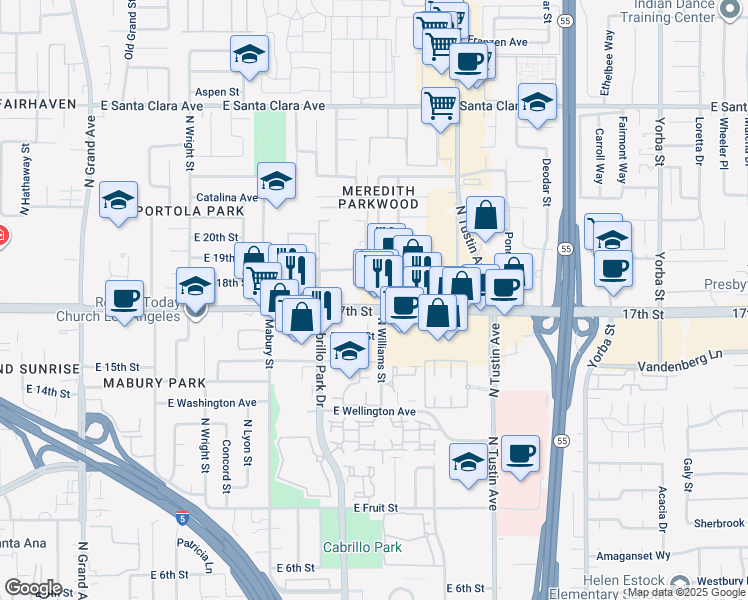 map of restaurants, bars, coffee shops, grocery stores, and more near 1913 17th Street in Santa Ana
