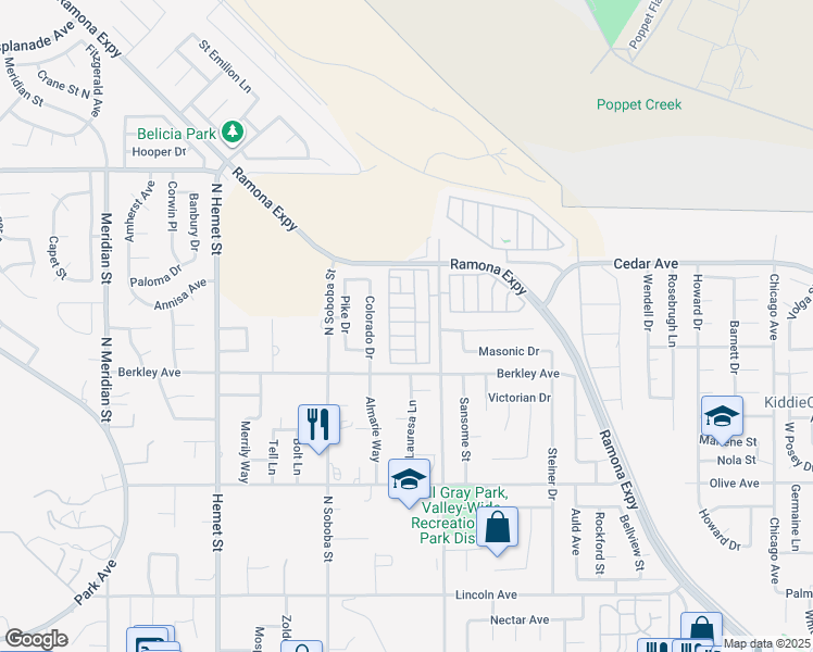 map of restaurants, bars, coffee shops, grocery stores, and more near 881 North Lake Street in Hemet