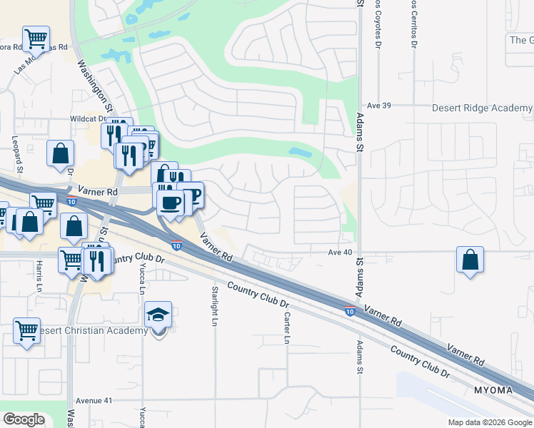 map of restaurants, bars, coffee shops, grocery stores, and more near 78689 Hampshire Avenue in Palm Desert