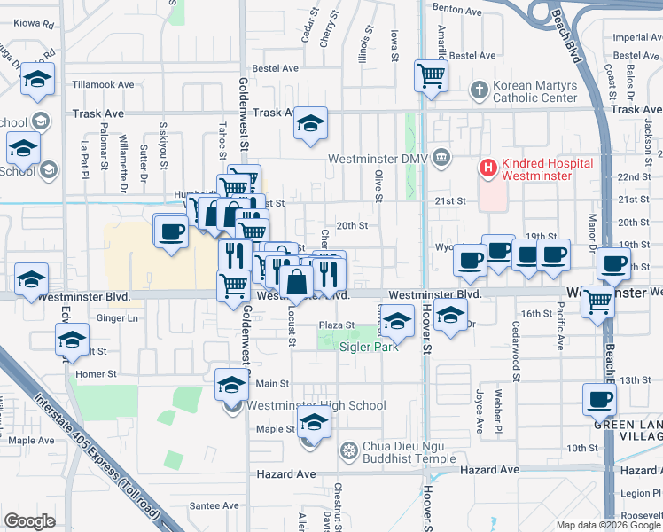map of restaurants, bars, coffee shops, grocery stores, and more near 13912 Cherry Street in Westminster