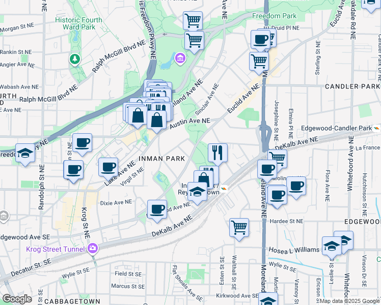 map of restaurants, bars, coffee shops, grocery stores, and more near 207 Hurt Street Northeast in Atlanta